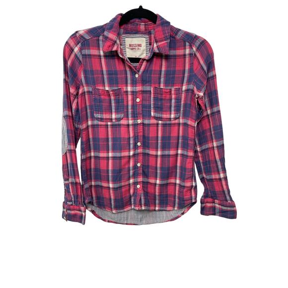 Mossimo Supply Co. Tops - Mossimo Supply Button Up Pink Plaid‎ Shirt Top Blouse Elbow Patch S Country Gorp